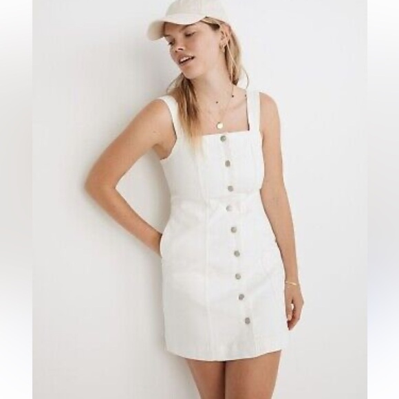 Madewell White Denim Square Neck Button Down Mini Dress | L - Picture 2 of 8
